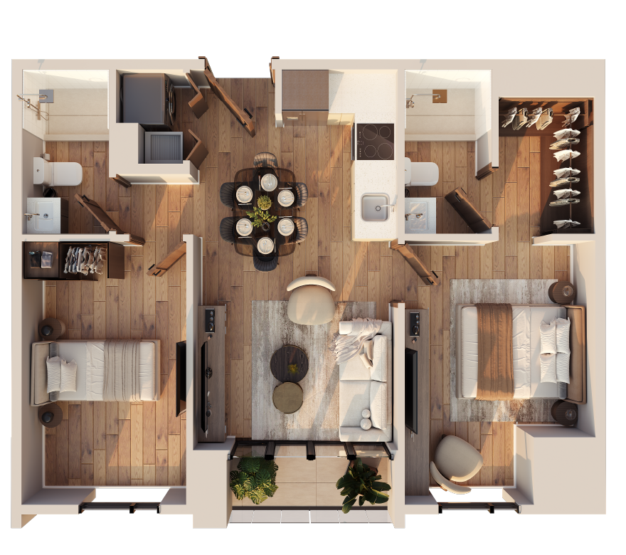 Distribución del apartamento B-1 de 59 metros cuadrados